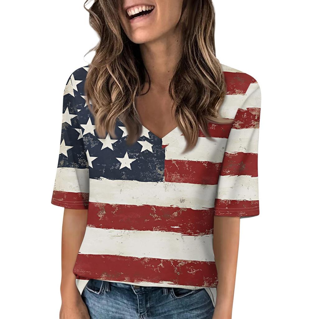 Women's V Neck T Shirts Half Sleeve Tops Printed Casual Summer Tees T Shirt Blouse
