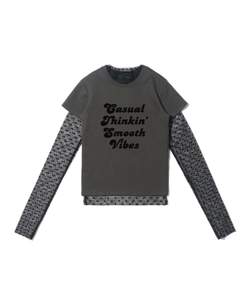 CARGOBROS FOR WOMAN Dot See-Through Long Sleeve Layered Casual Short Sleeve Tee Set (Black/Charcoal)