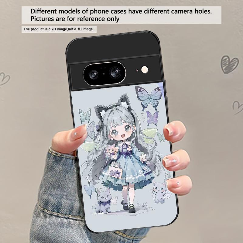 Q-version Blue Butterfly For Google Pixel 8 7 9 10 Pixel 10 Pro XL Pixel 9 Pro XL Pixel 8a 7a Pixel 7 Pro Black Glass Phone Case