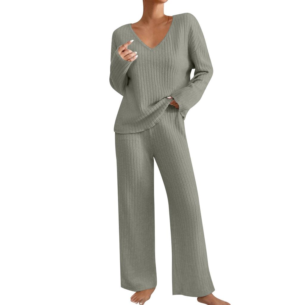 Damen Farbstreifen V-Ausschnitt Langarm Top und Hose Zweiteiler Set