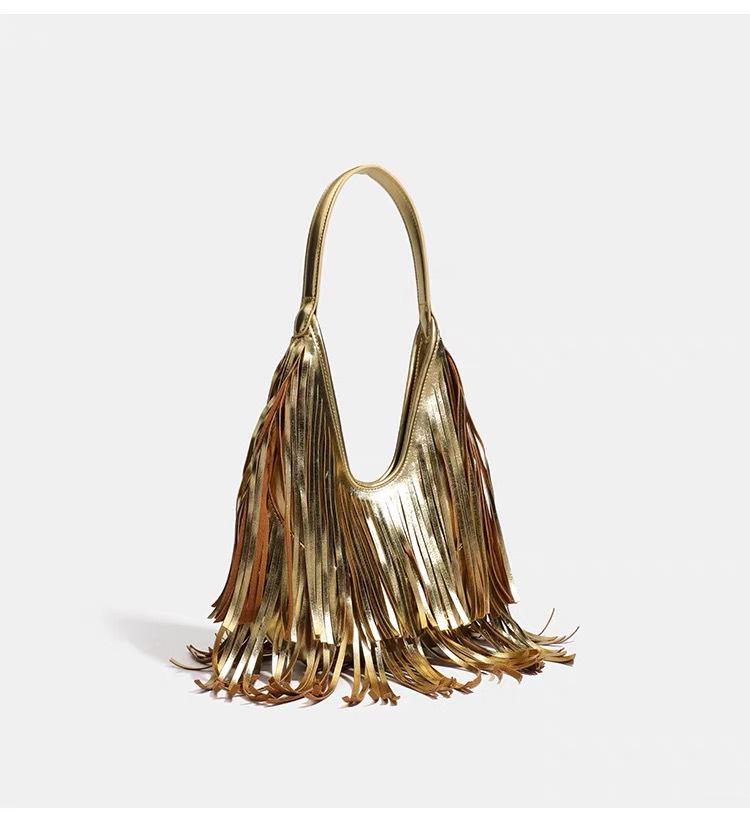 

2026 Spring/Summer European & American Fashion Tassel Tote: Women s Versatile, Large Capacity Shoulder & Handheld Bag шампанского/золотой