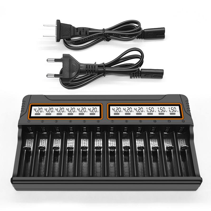 12-Slot Smart Charger for 18650, AA, AAA 3.7V Lithium Batteries with Universal Display