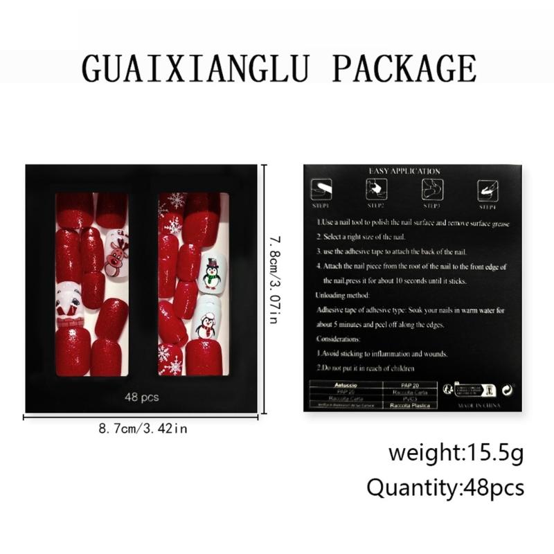 Christmas Glossy Press On Nail 48Pcs Red Glitters Snowflake Short Square Tips Multiple Size Long Lasting Party Wear