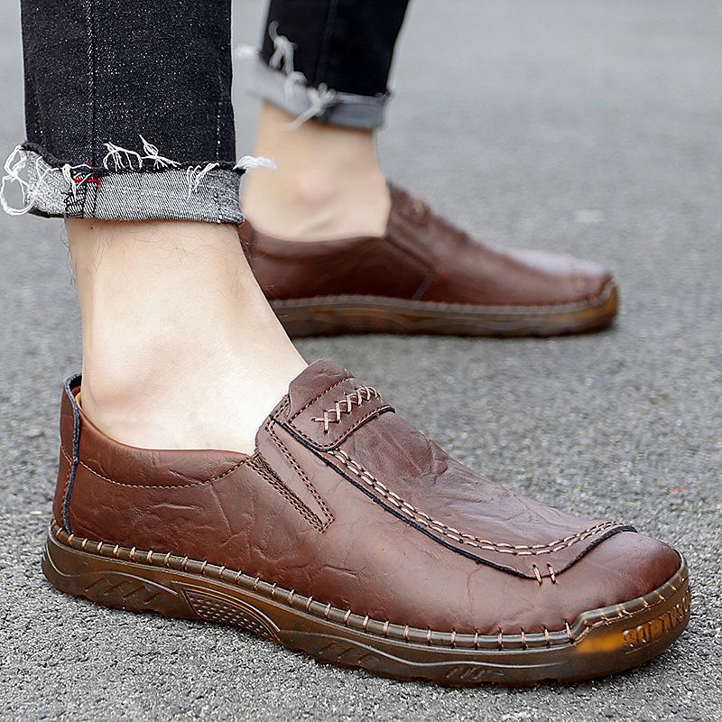 Handmade Leather Men Shoes Casual Outdoor Slip On Loafers Men Leather Shoes Flats Moccasins Walking Shoes Non Slip Dropshipping