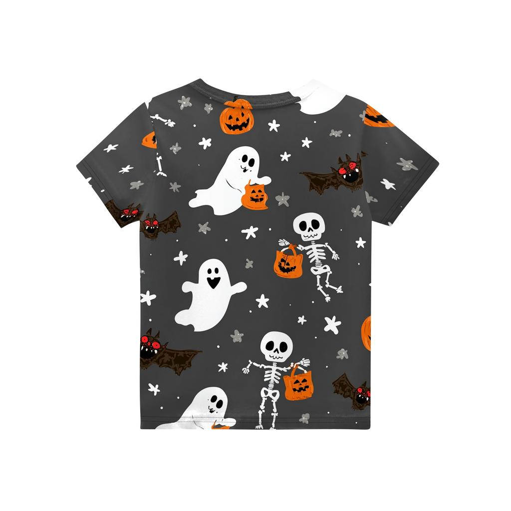 Kids Halloween Short Sleeve Shirt Ghost Skeleton Pumpkin Print Boys Girls Tee Casual Comfortable Fit Lightweight Fabric