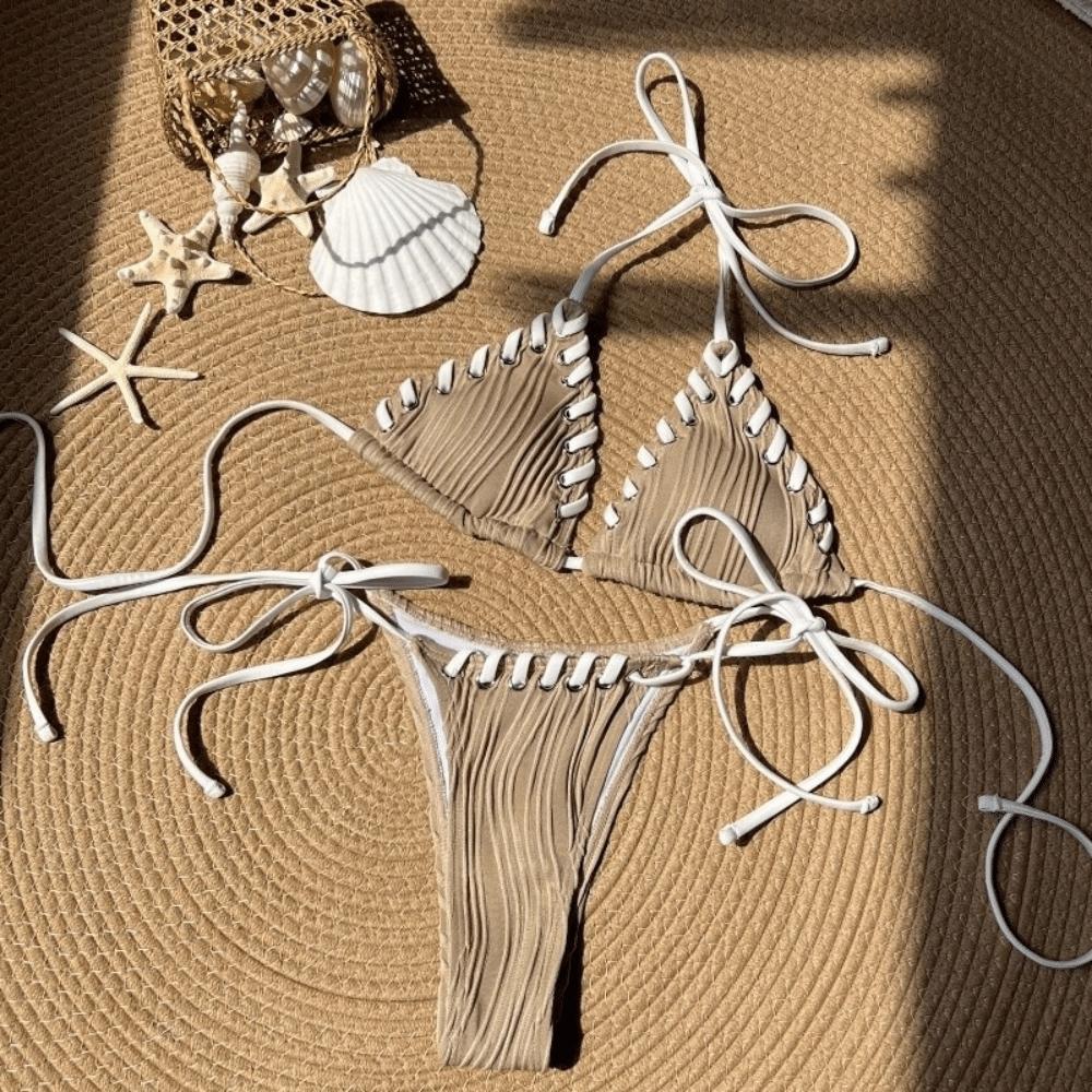 Lace Up Swimwear Set Ruffled Halter Neck Sling Swimsuit Simple Bikini Suit  Resort Wear