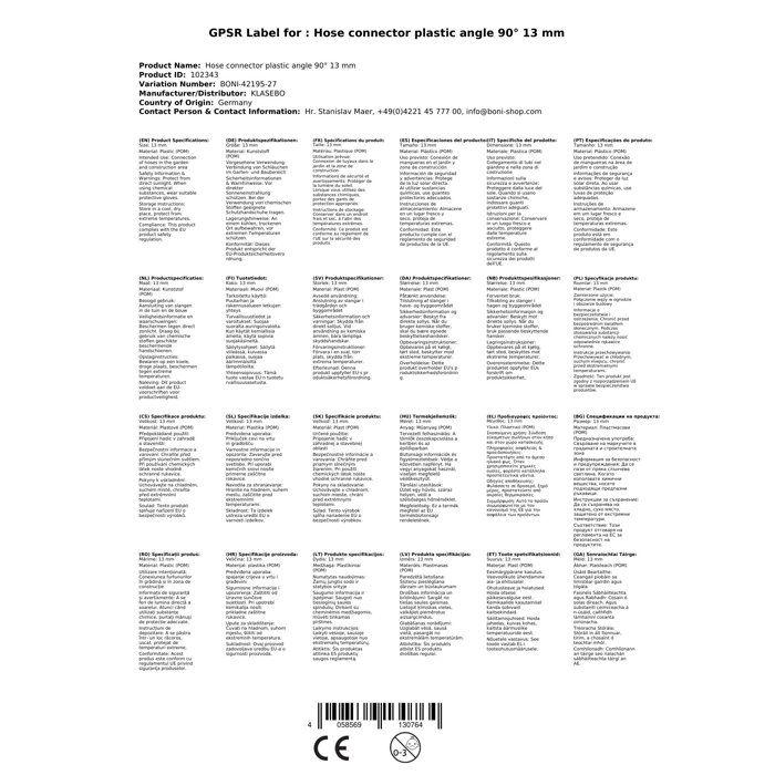 13mm Hose Connector, 90° Elbow In Plastic