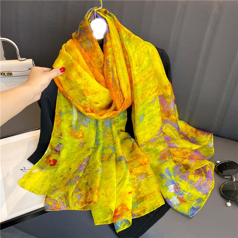 

Yellow imitation silk temperament large shawl soft yarn scarf women s large size pattern scarf silk scarf commuter sun protection light luxury 125*180cm