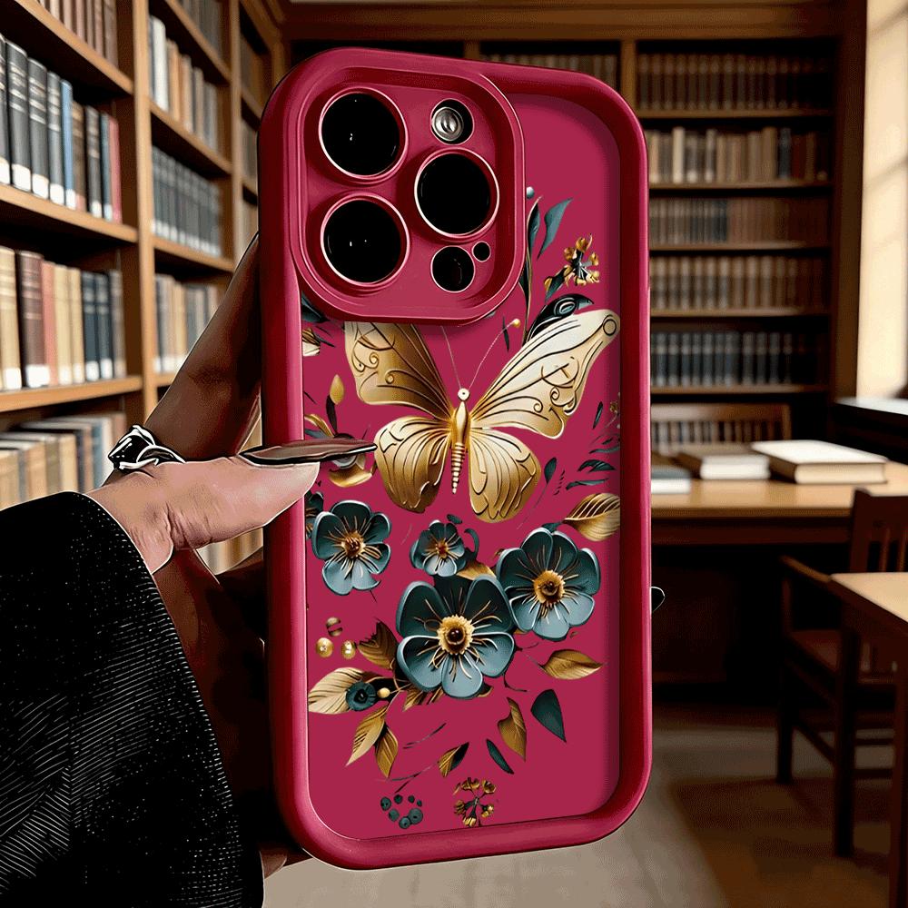 Golden Butterfly Teal Flowers Soft TPU Shockproof Case For Xiaomi Redmi Note 15 14 13 12 11 Pro Anti-Fall Protective Back Cover