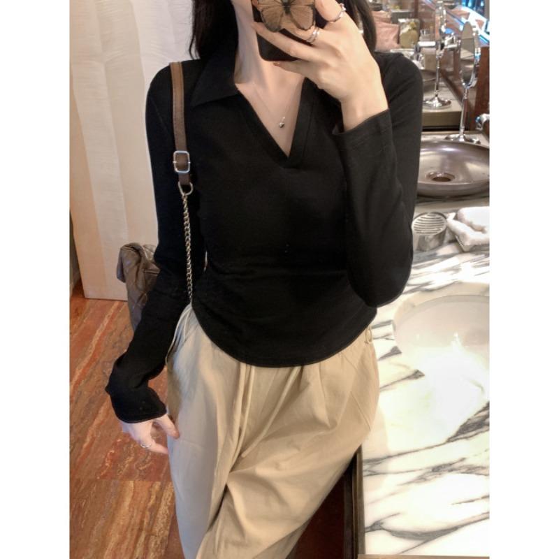 Real Shot Collar PO Shirt Long-sleeved T-shirt Women's Season Slim-fit Short Inner Bottom Shirt Top