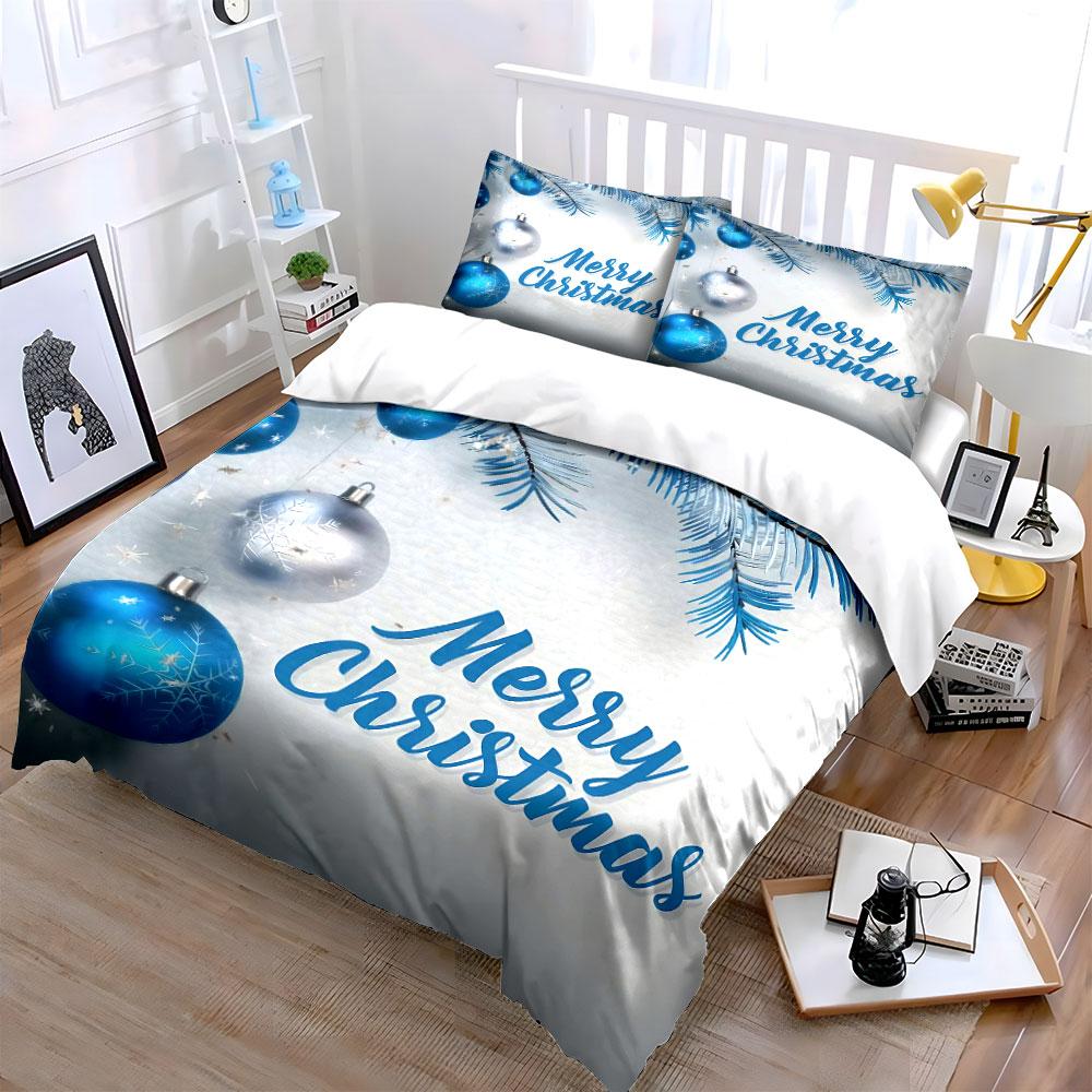 Merry Christmas Blue Decor Bedding Duvet Cover Set Duvet Cover Pillowcases  (1*Duvet Cover 2*Pillowcases, Without Duvet Insert)