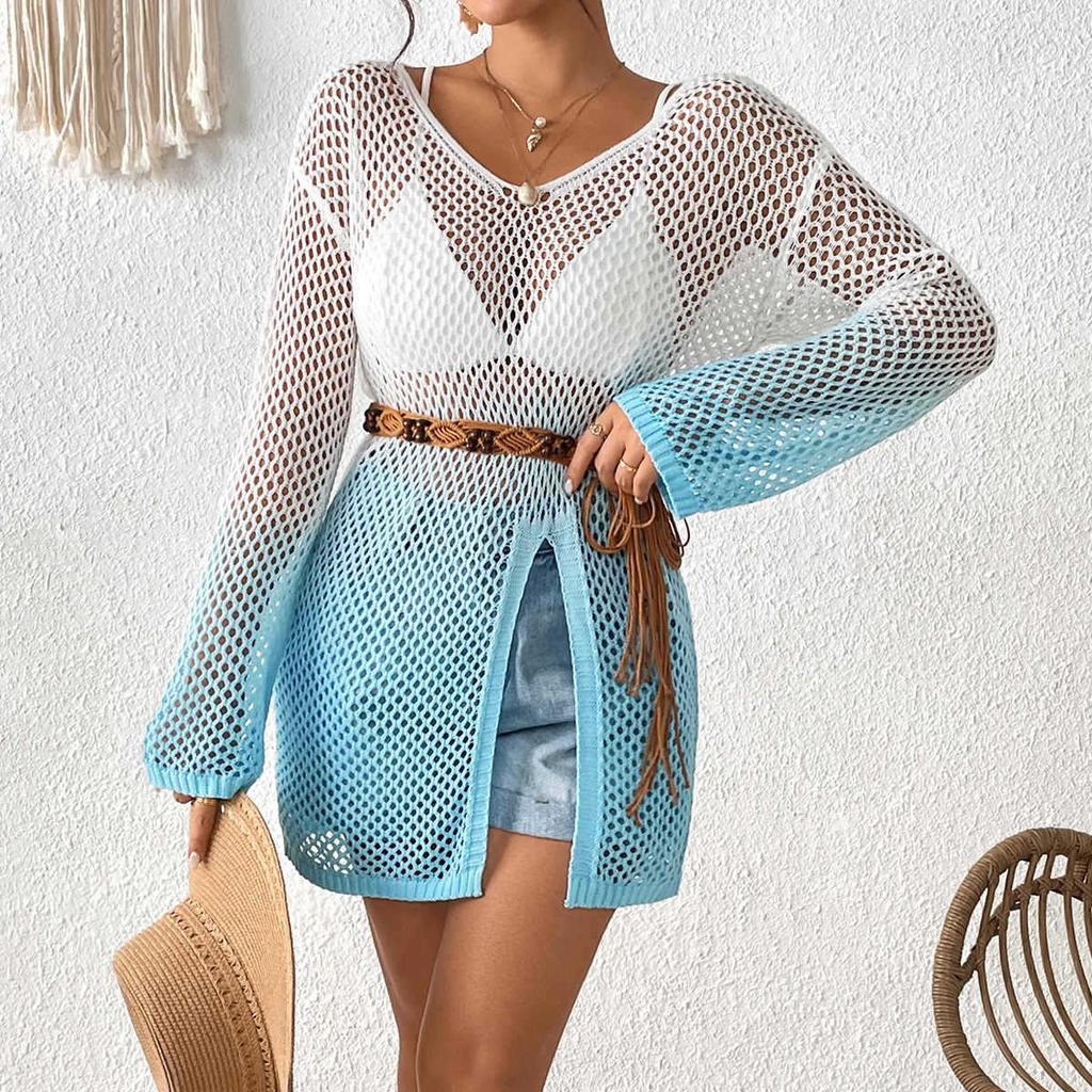 Women's Hollow Out Sexy Bikini Outer Gradient Beach Pullover Long Sleeve Cover Up