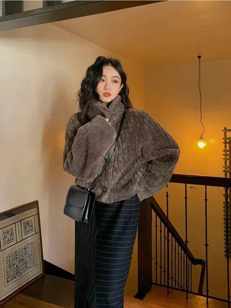 Vintage Cropped Stand Neck Loose Casual Jacket Japanese Streetwear Fashion Fluffy Coats Y2k Aesthetic Grunge Women Chaqueta Coat