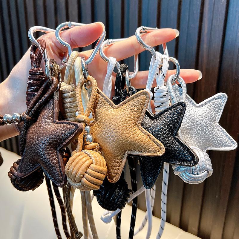 PU Leather Star Keychain & Bag Charm with Woven Rope