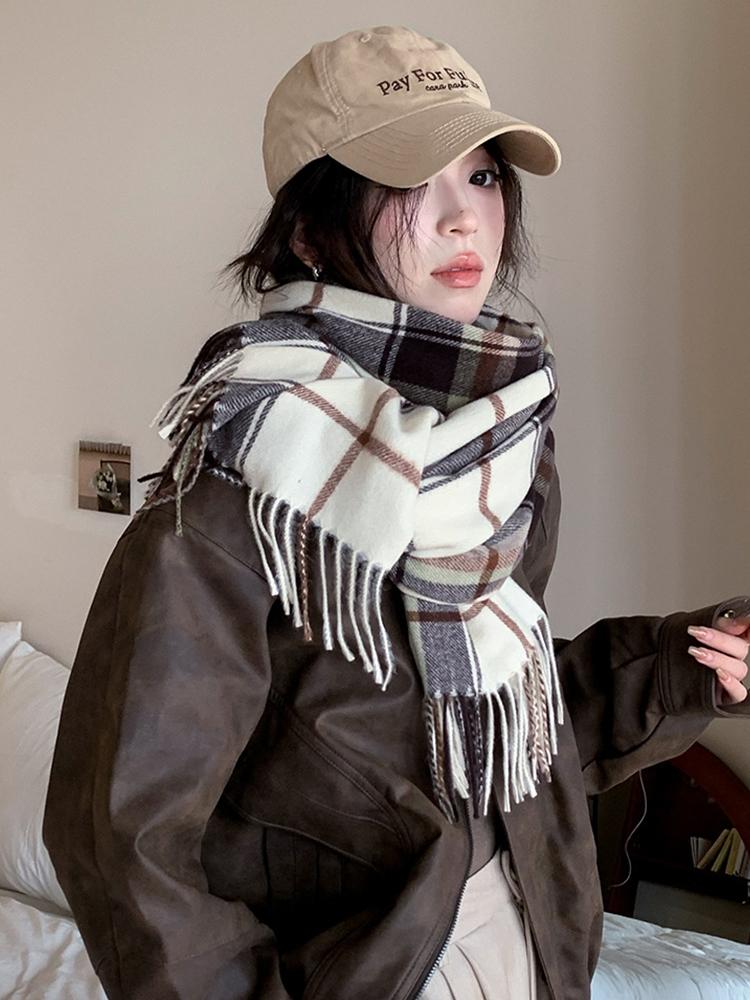 Damen Winter Vintage Gestrickter Schal Kopftuch Damen Herren Lässig Preppy Kariert Quaste Warmer Schal Mujer Mann Schal Wickeltuch Neue