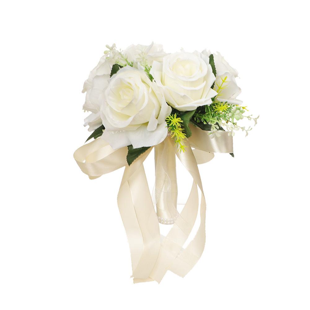 Simulation Bride Bouquet Flowers With Ribbon Romantic White Artificial Roses DIY Bridal Floral Bouquets Wedding Party Decoration
