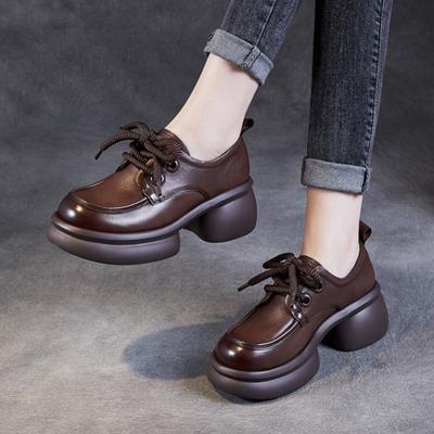 British Style Women's Platform Shoes Genuin Leather Casual Versatile Lace Up Commuting Shoes