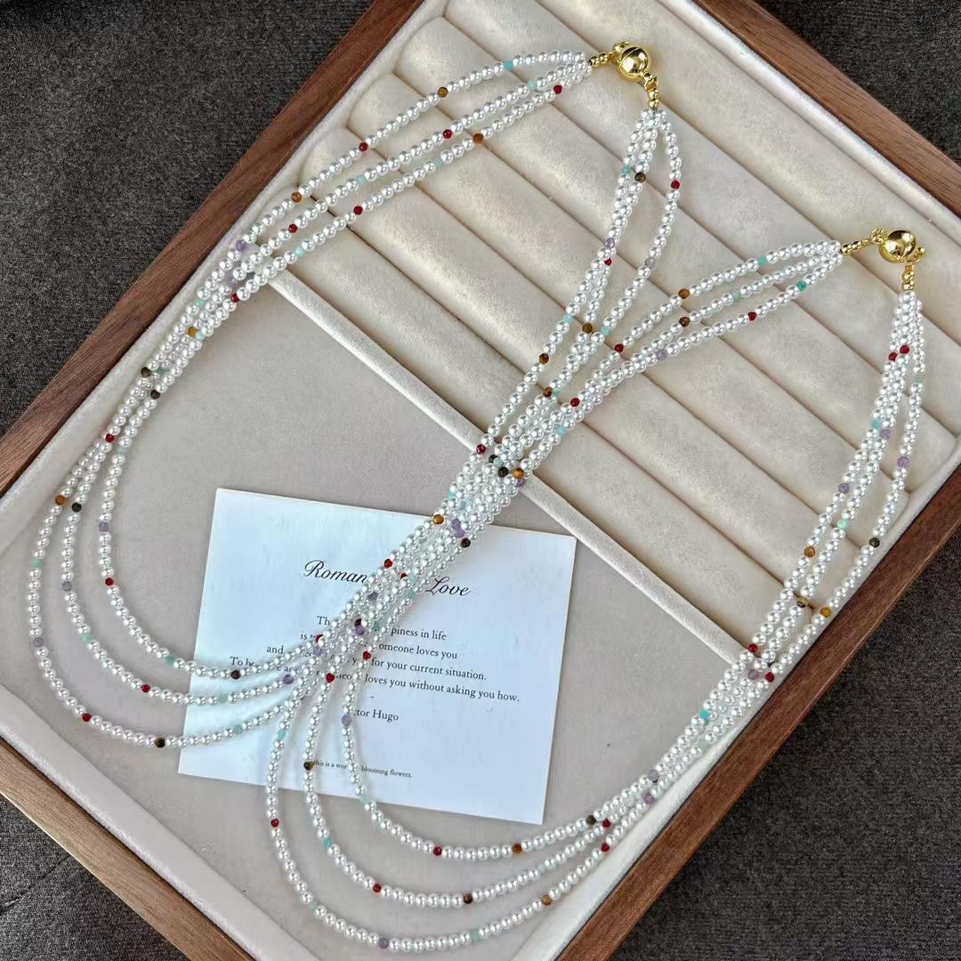 Vintage High Quality Multi-Layer Design Candy Color Artificial Crystal Pearl Collarbone Chain Necklace