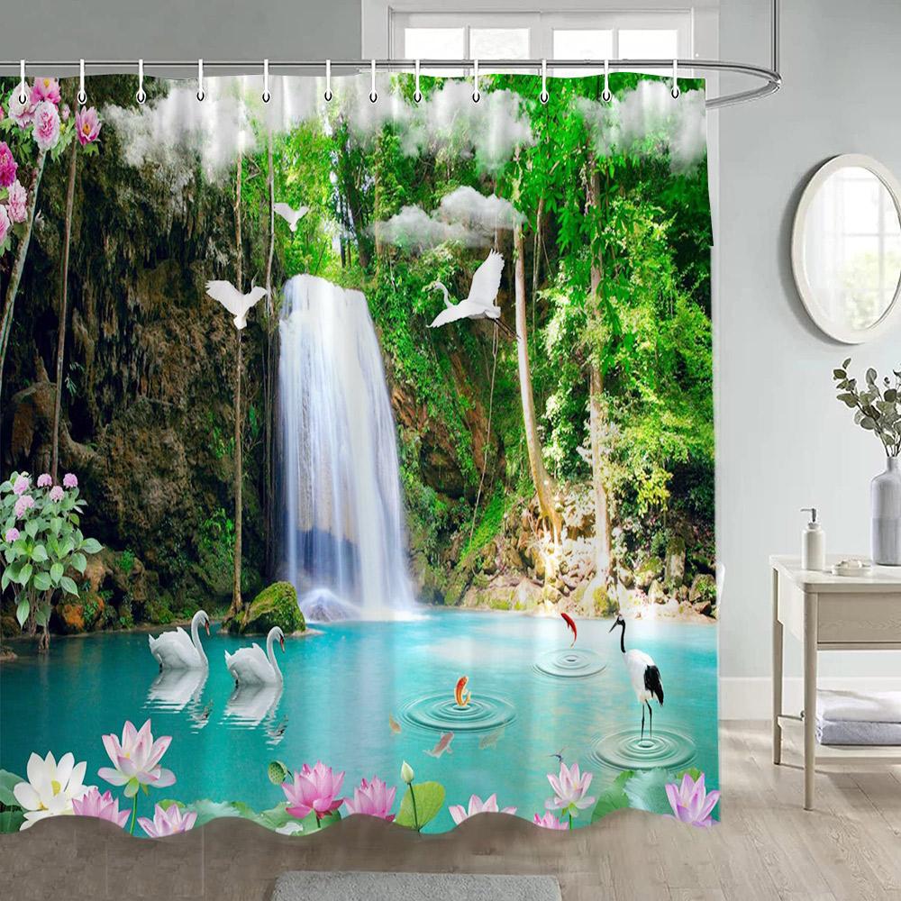 

Rustic Waterfall Landscape Shower Curtains Nature Forest Lake Lotus Swan Chinese Style Bathroom Curtain Home Decor With Hooks W60H190(CM)-1 Pcs
