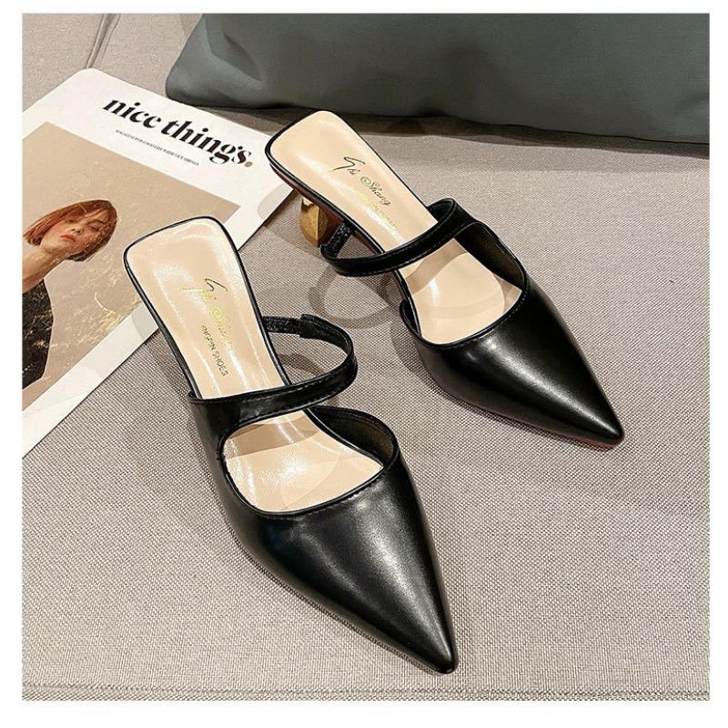 Mid-spring high heels pointed head lazy bag head half tray new ol comfortable thick heel cool slippers women's heel
