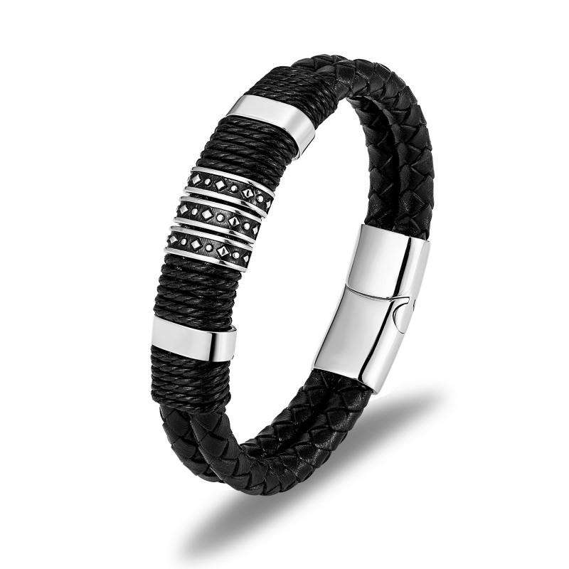Mens Handmade Double-Layer Leather Braided Bracelet Punk Style Geometric Cuff Cycling Outdoor Adventure Steel 19cm