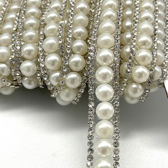 Faux Pearl Rhinestone Ribbon 1 Yard Self Adhesive Decorative Strip Elegant White Faux Pearl Accent Strip for Clothing Shoes Phone DIY Crafts