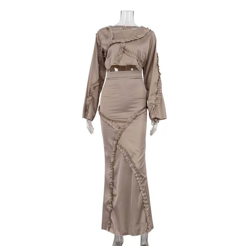 

Мода Новое поступление Стильный темперамент Длинные рукава Воланы Рубашка Юбка Костюм Комплект рубашки и юбки Brown L