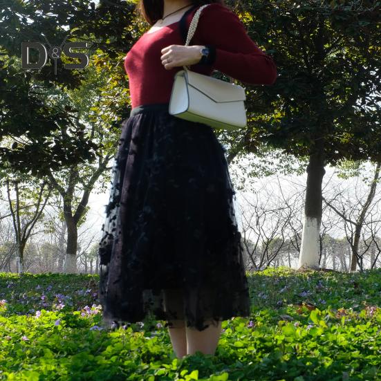 Women Midi Skirt Elastic High Waist Floral Embroidery Print Mesh Skirt Double Layered Tulle Large Hem A-Line Skirt