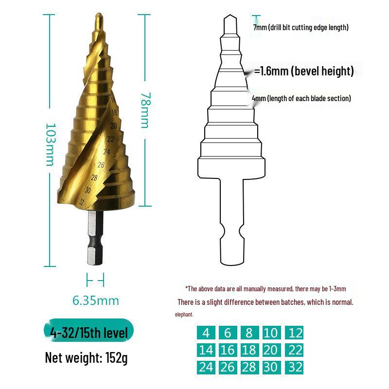 4-32mm Titanium Plated Spiral Step Drill Bit with Hex Shank for Hole Enlargement