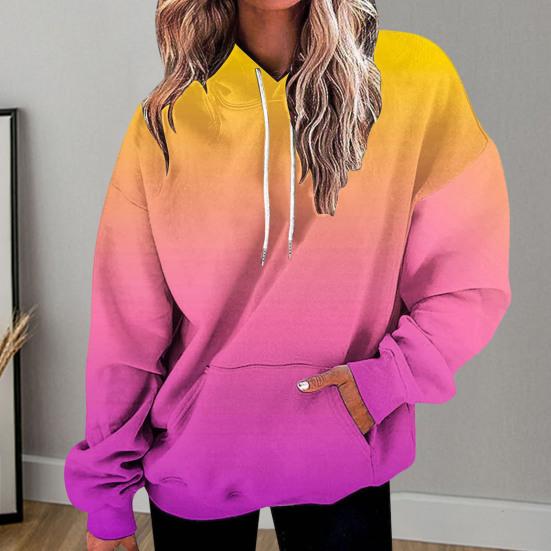 

Women Hoodie Color Matching Gradient Color Hooded Loose Thick Soft Warm Long Sleeve Elastic Cuff Patch Pocket Mid Length Hoodie