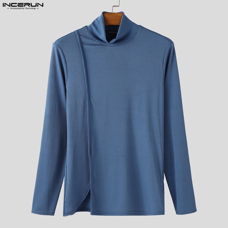INCERUN Men High Neck Long Sleeve Rib Side Splits Casual Fitted Tops T-shirts Undershirts