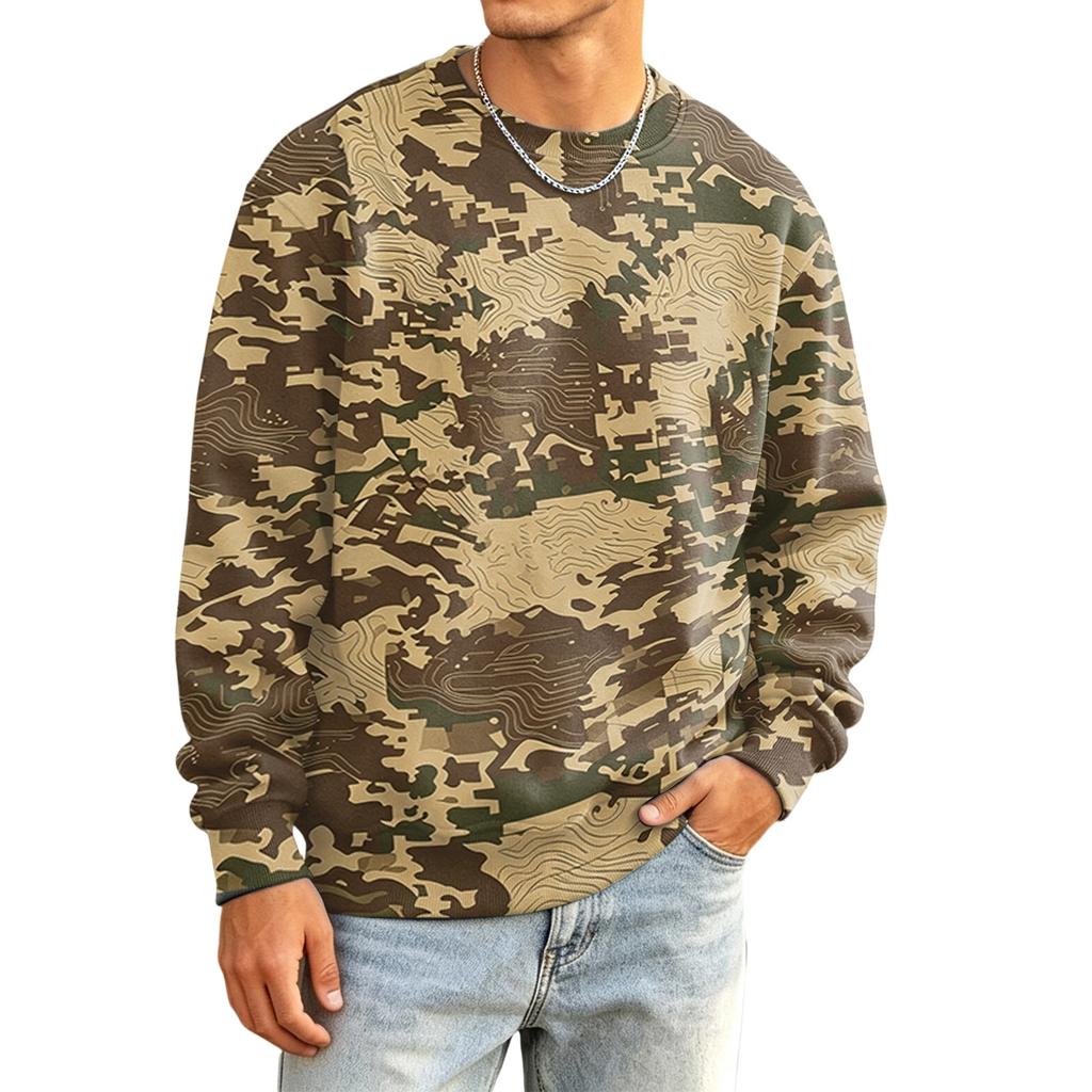 Men's Camouflage Printed Long Sleeve Shirt, Relaxed Fit Neck Casual Top