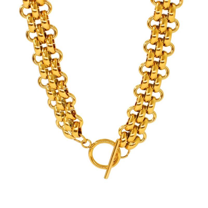 Vintage Cuban Link Chain Bracelet Set With Geometric Pendant Gold Steel Tone Titanium Jewelry Women
