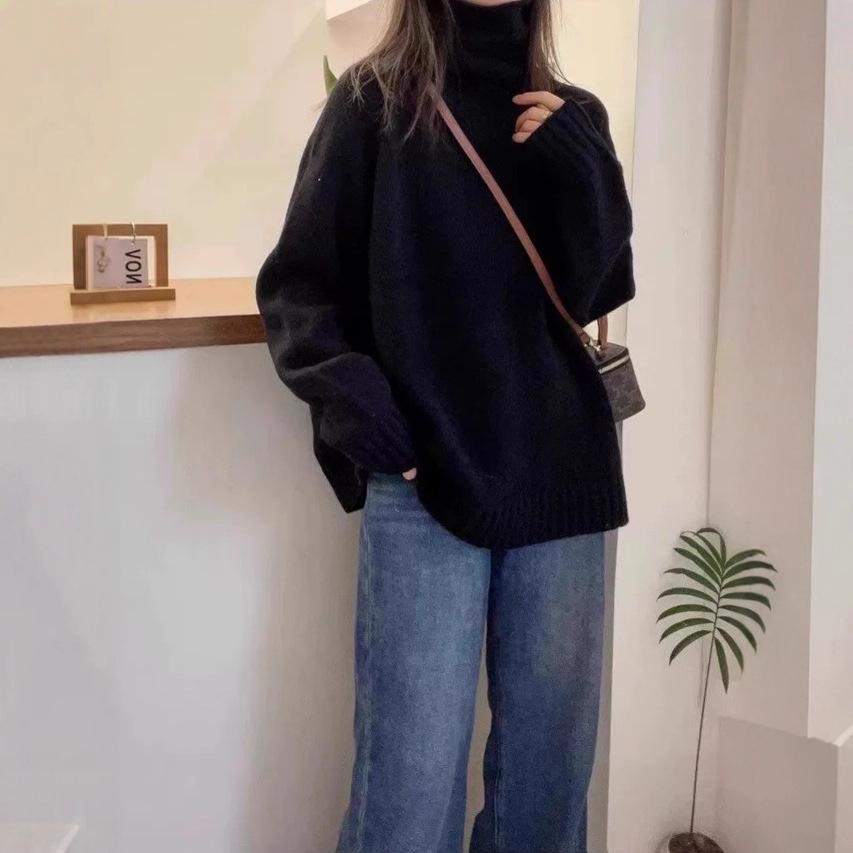 Autumn and Winter New Turtleneck Sweater Women's Loose Thick Curling Heap Collar Lazy Soft Waxy Knitted Sweater Top