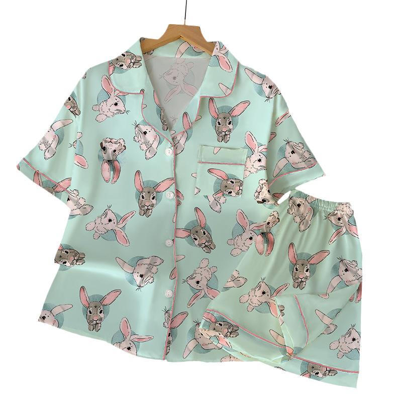 Sweet Soft And Cute Long-Eared Rabbit Printed Pajamas Women'S Summer Day Ice Silk Short-Sleeved Thin Loungewear Set
