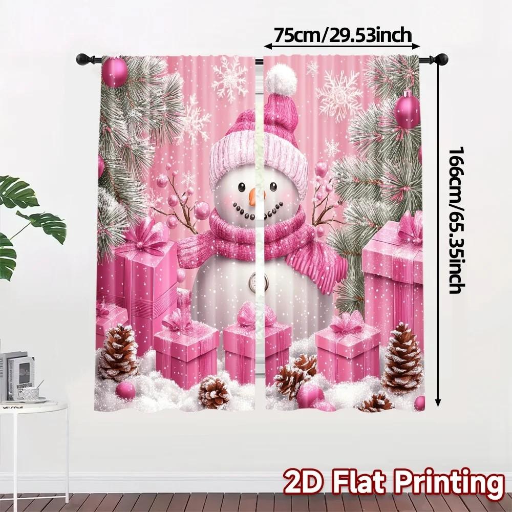 Set Of 2 Jit Pink Cartoon Snowman Curtains Christmas Window Decor Polyester Home Curtain With Rod Pocket