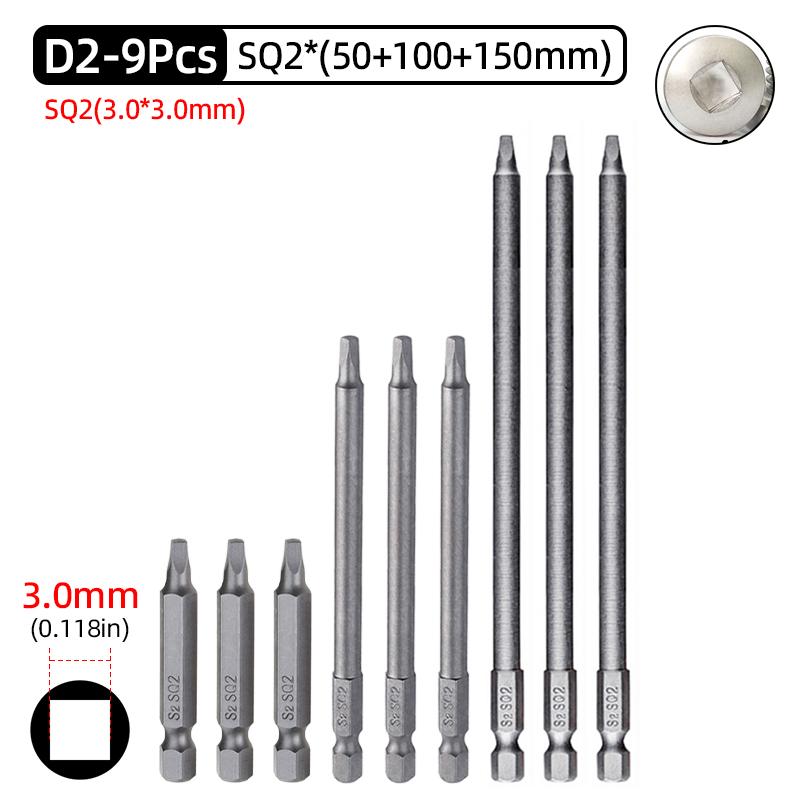 50mm Square Head Screwdriver Bits Set SQ1/SQ2/SQ3 Magnetic Four Corners Screw Driver 6.35mm Hex Shank Ratchet Wrench Hand Tools