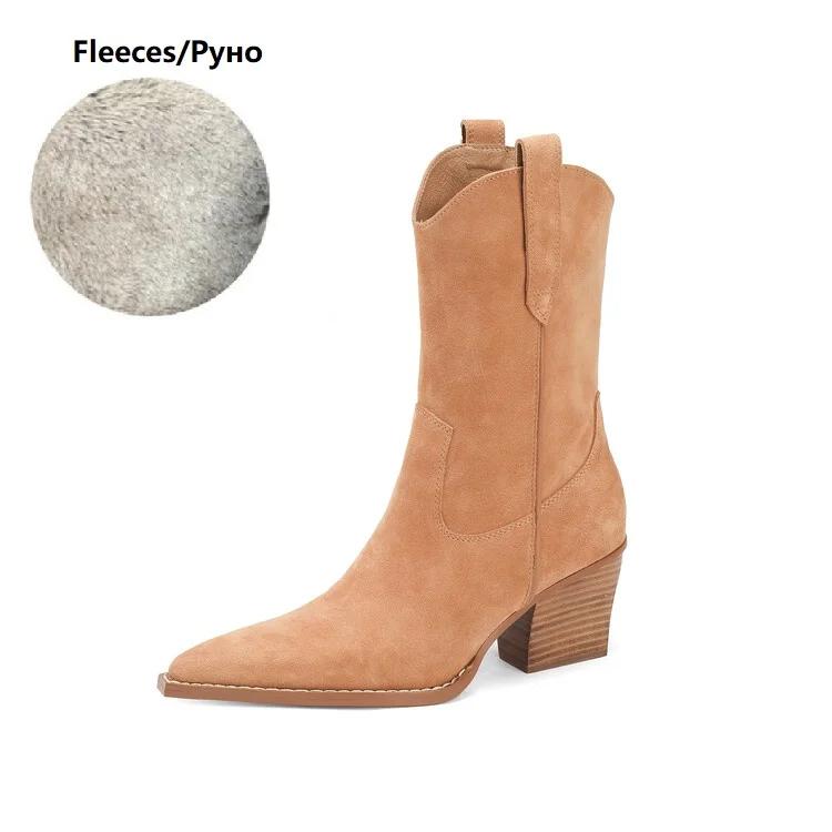 Fashion NEW Autumn Women Boots Sheep Suede Shoes Women Pointed Toe Chunky Heel Women Boots Winter Short Western Boots Women Cowboy Boots