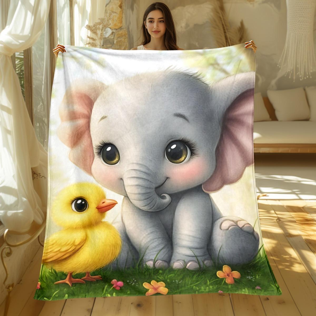 1pc Cute Elephant and Yellow Duck Baby Animals Nature Scene Blanket Flannel Soft Throw Gift for Kids Nursery Decor 75X95CM