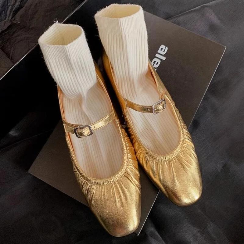 Fashion Pleated Fashion Ballet Flats Women Leather Shoe Women Casual Buckle Strap Silver Flats Gold Square Toe 2024 Spring Women's Shoes
