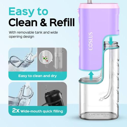 COSLUS Mini Water Flosser for Travel: Portable Compact Design, Cordless Oral Irrigator with 4 Jet Tips, Removable Tank, IPX7 Waterproof, for Braces, S
