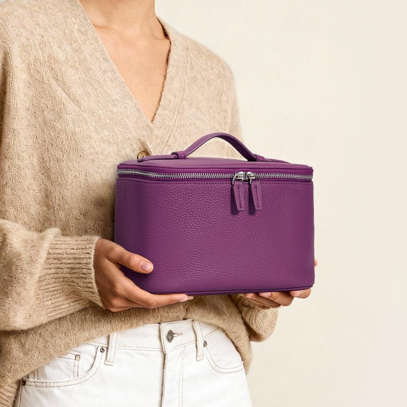 Lychee Leather Handheld Cosmetic Box with Detachable Mirror Double Zipper Travel Makeup Bag for Women