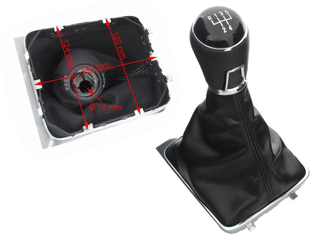 VW Passat B6 06-11 Pomo de Palanca de Cambios Negro + Fuelle de Cuero con Marco Cromado, 5 Velocidades