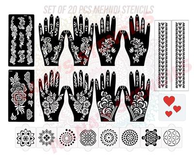 Ivana's Set of 20 Pcs Combo Pack, Reusable Mehandi for Hands Henna Tattoo Stencil for Women, Girls and Kids Easy To Use In Just 4 Steps Indian De
