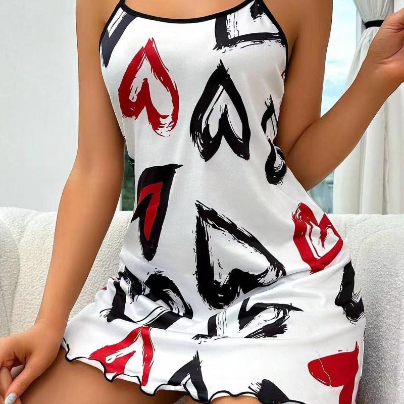 

Повседневная женская ночная сорочка с принтом сердечек и оборками, сексуальное женское белье, ночная сорочка с круглым вырезом и открытой спиной, платье-комбинация, удобная ночная рубашка M