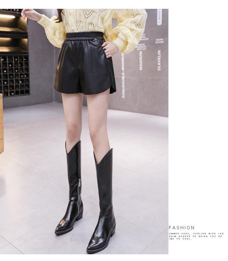 2026 Autumn/Winter Women's High Waist A-line PU Leather Shorts with Elastic Waist and Slimming Wide Leg Design