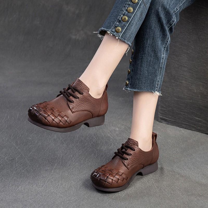 Johnature Genuine Leather Comfortable Pumps Retro Solid Color Commuting Versatile Casual Women's Shoes