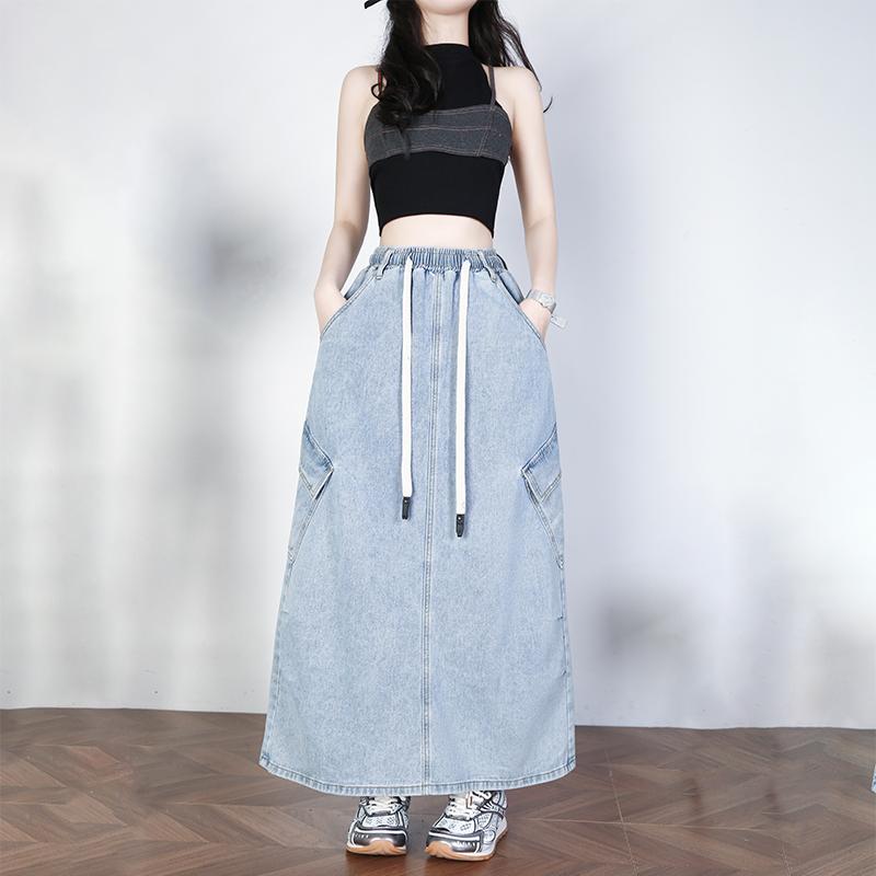 Dimanaf 2025 Plus Size Summer Elastic Denim Skirts Women A-Line Fashion Loose Long Skirt High Waist Vintage Maxi