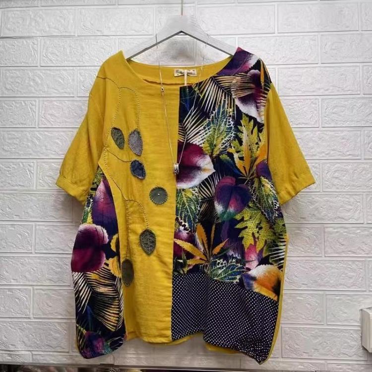Summer Women T Shirts Floral Print Linen Shirt Plus Size Loose Casual Tops Elegant Sleeve Patchwork Tees 91688