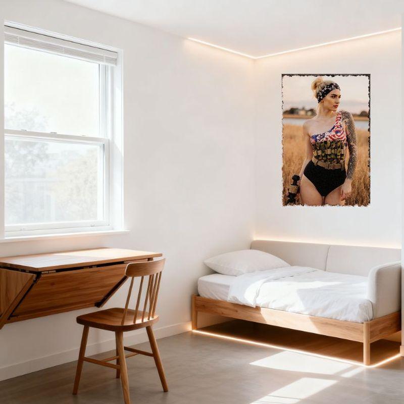 Sexy Blonde Bun Woman In Flag Camo Swimsuit Tin Sign, Vintage Metal Poster for Home Bar Pub Wall Decor, 8x12 Inch